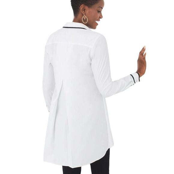 Chico's White/Black Button Up No Iron Contrast Trim Tunic Blouse Size US 4-6P - Picture 2 of 10